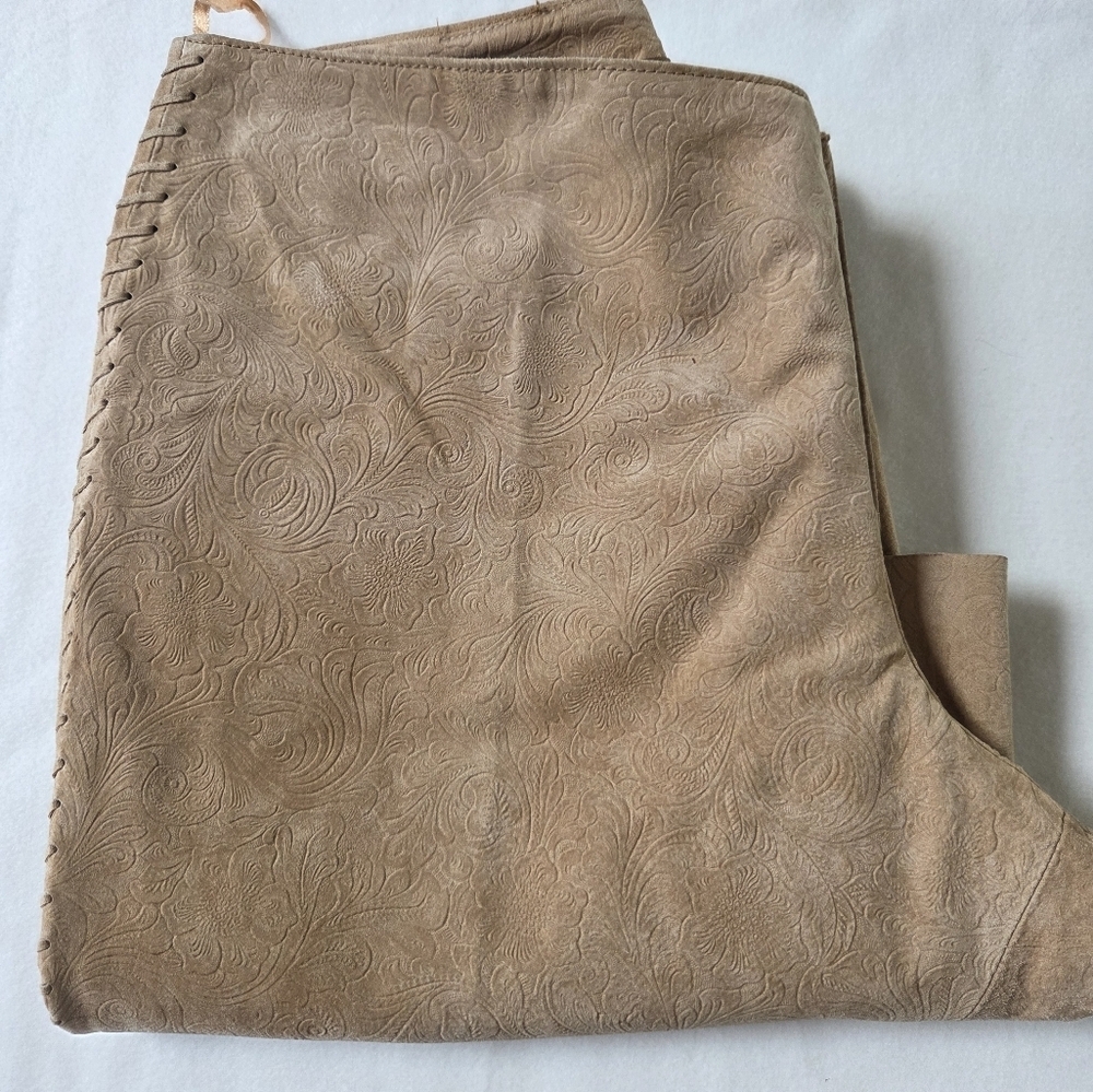 Suede Leather Pants Embossed Size 12 Bell Bottom Flare Leg Long - Picture 15 of 16
